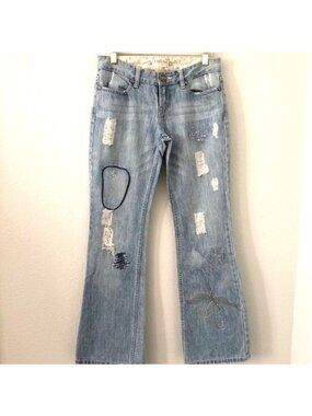 Cest Toi Embroidered Distressed Wide Leg Flare Jeans Jr Size 3 Blue Denim Boho